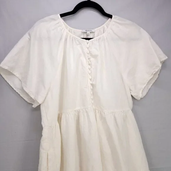Madewell Tiered Mini Dress Linen Blend Pockets Ivory Size Large Boho Babydoll - Picture 11 of 13